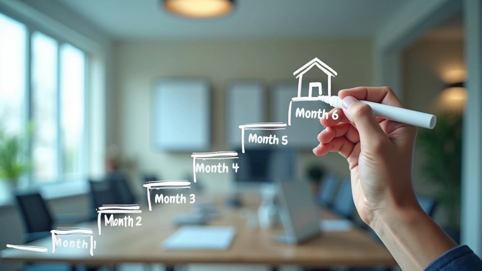 A hand drawing a six-step staircase on a whiteboard leading to a house, symbolizing the plan on how to improve cibil score for a home loan.