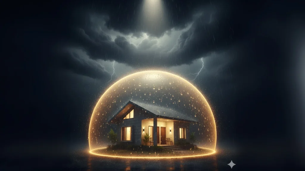 A house being protected from a storm by a golden shield, symbolizing a guide to navigating the **home loan foreclosure process in India**.