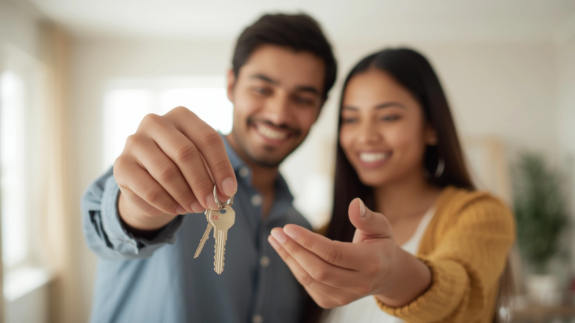 A happy Indian couple holding the keys to their new home after a successful home loan application.