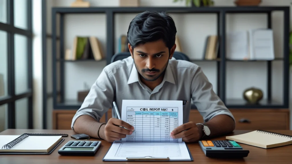 A determined person strategically planning how to improve their CIBIL score by reviewing their credit report before applying for a home loan.