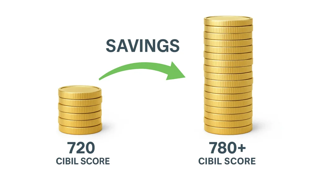 A visual comparison showing how a higher CIBIL score (780+) leads to significantly greater financial savings (lakhs) on a home loan compared to a lower score (720).