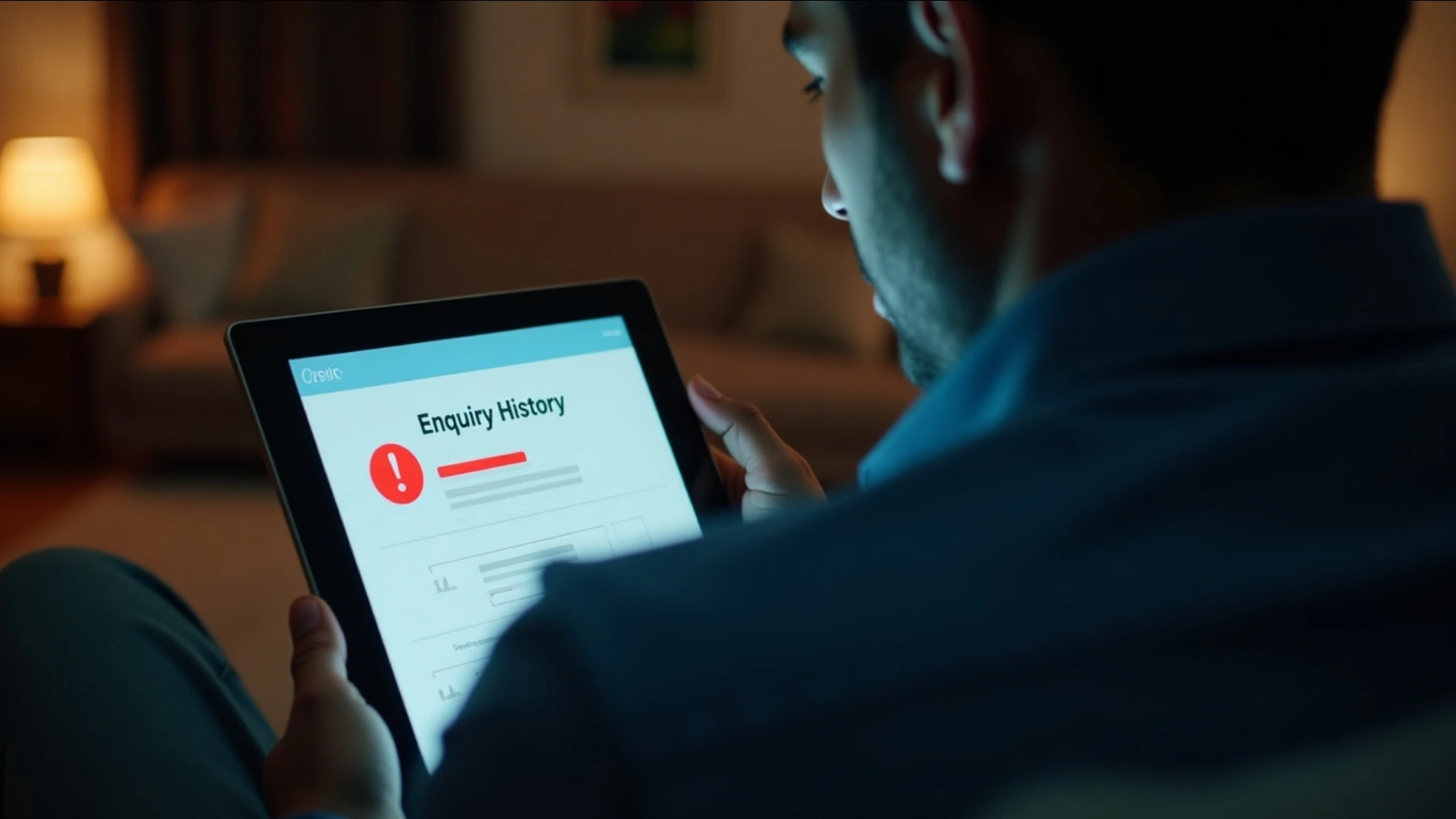 A concerned man looking at his tablet, learning how to remove hard inquiry from CIBIL and credit report after discovering an error.