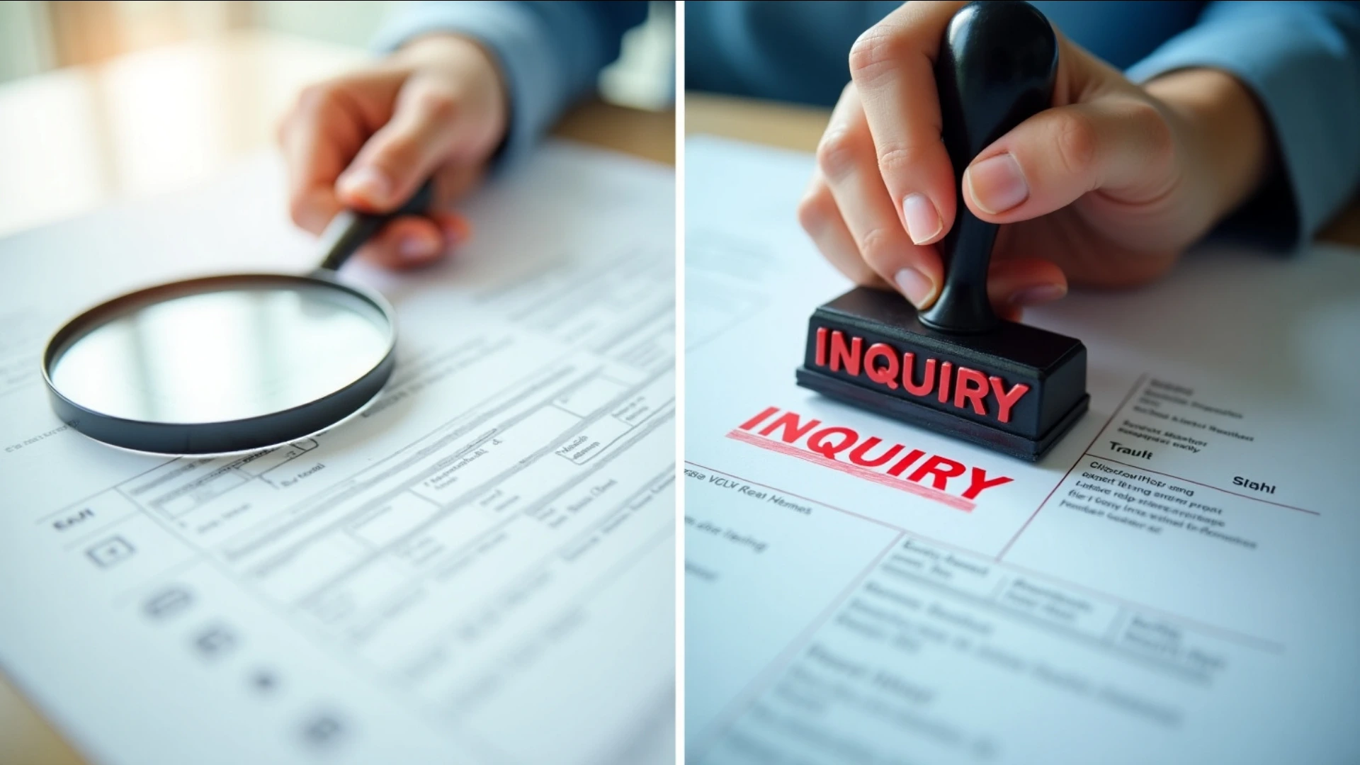 A split-screen image showing the difference between a soft inquiry and a hard inquiry, illustrating a key concept in understanding how to remove hard inquiry from CIBIL and credit report.