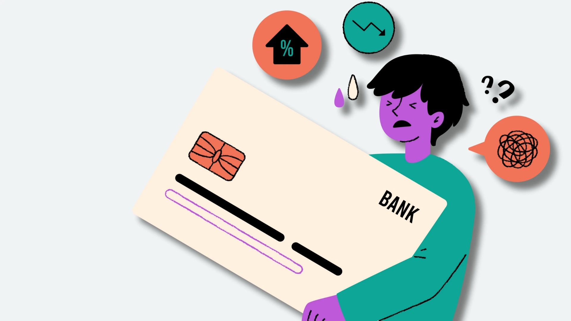 An illustration of a person feeling stressed and confused about their credit card, worrying about the CIBIL score impact of closing the account.