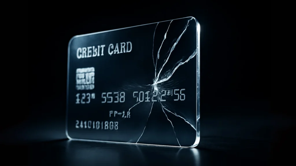 A dramatic image of a credit card shattering like glass, illustrating the dangers of not knowing **how to close a credit card without affecting Cibil score**