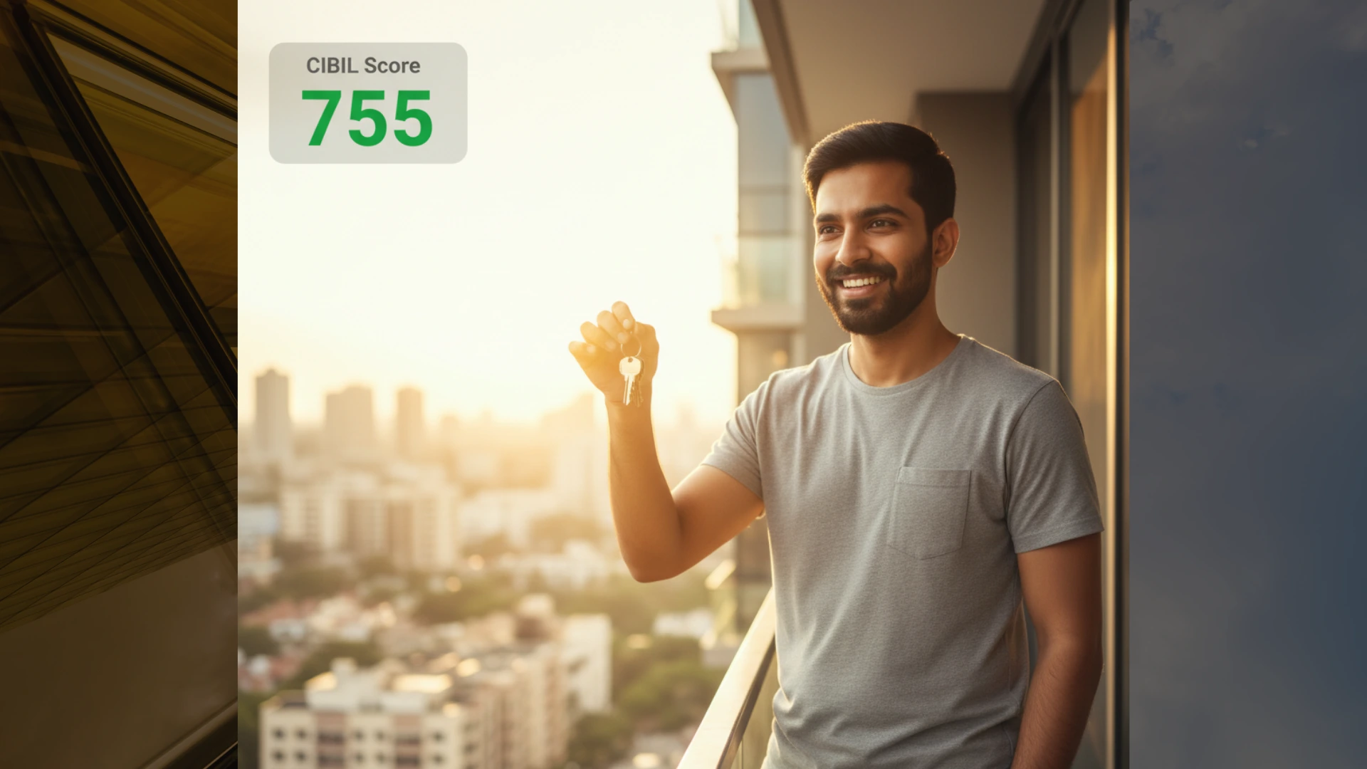A happy man on his new home's balcony, celebrating his success in learning how to increase your CIBIL score from 600 to 750 and beyond.