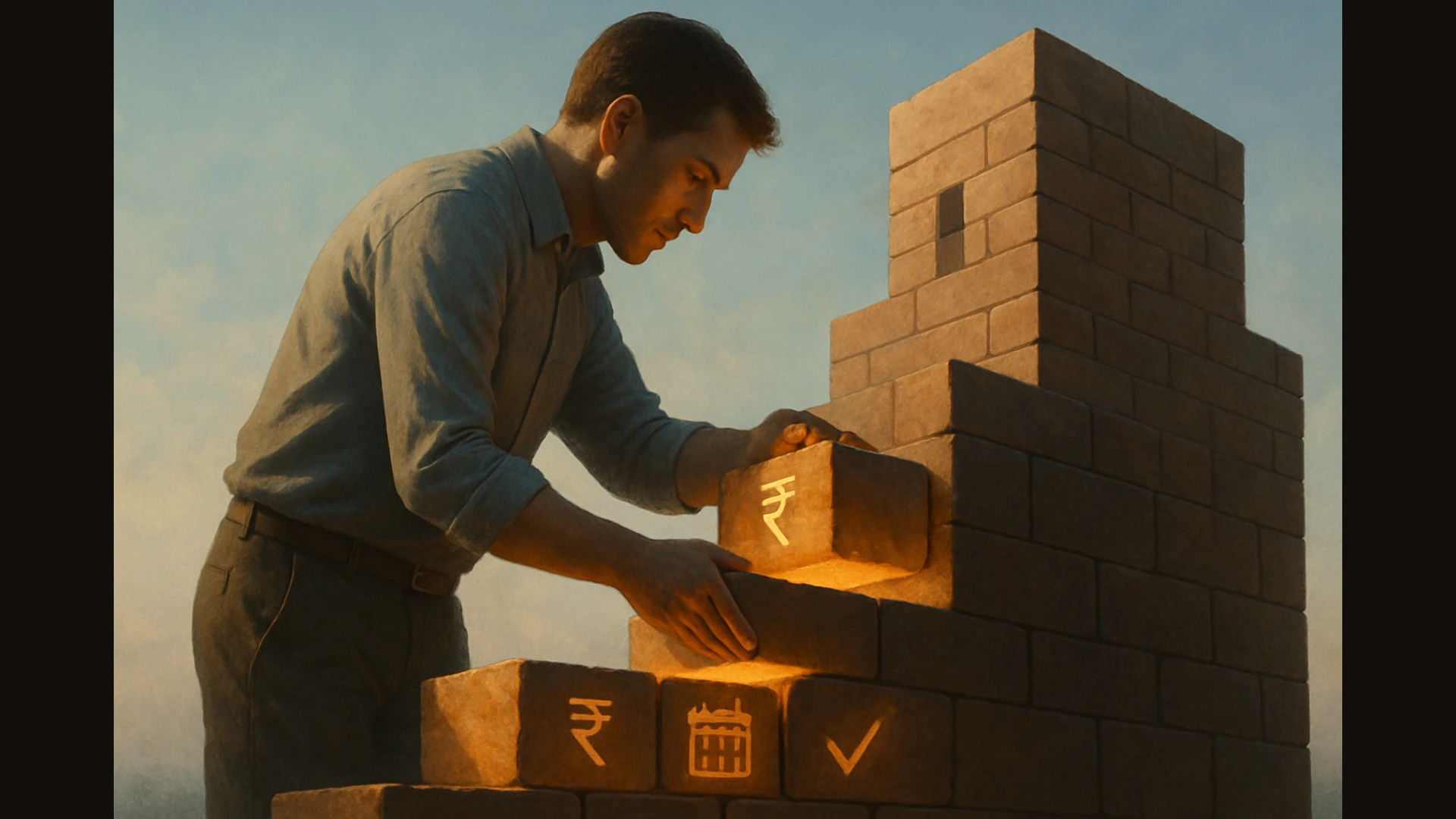 A person laying foundation bricks with financial icons, symbolizing the consistent habits for how to increase your CIBIL score from 600 to 750.