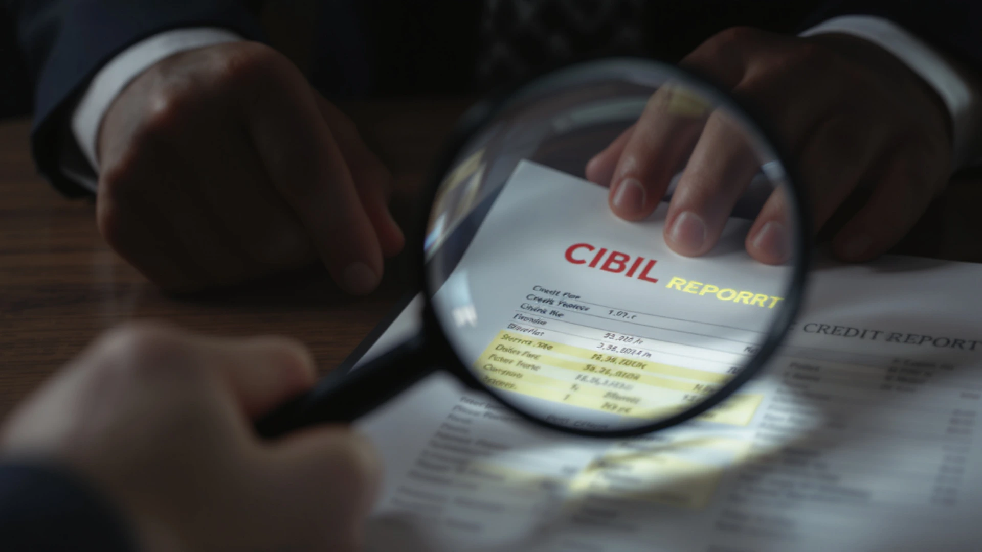 A close-up of a person using a magnifying glass to perform a detailed audit of their CIBIL report to find errors and areas for score improvement.