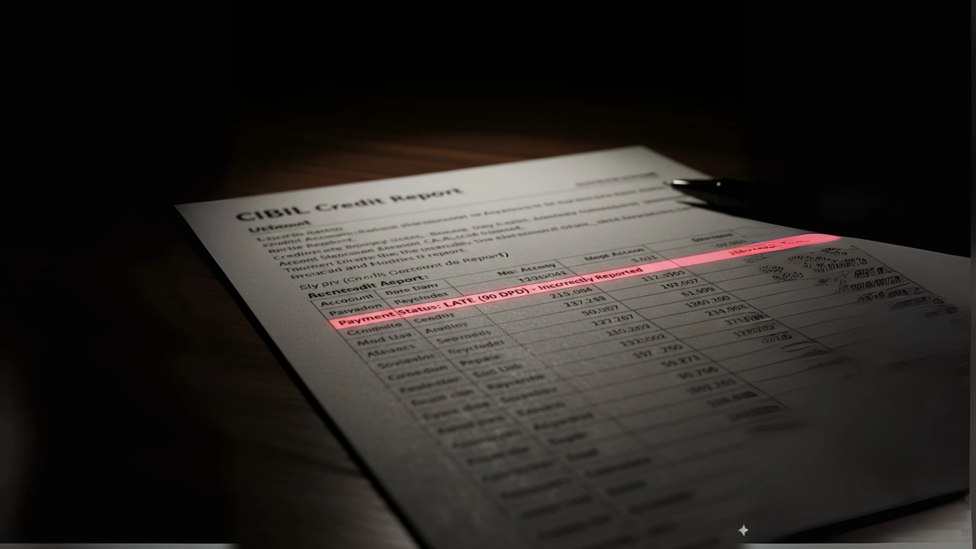 A dramatic close-up of a CIBIL report with a single incorrect late payment highlighted in red, symbolizing a hidden error that can damage a credit score.