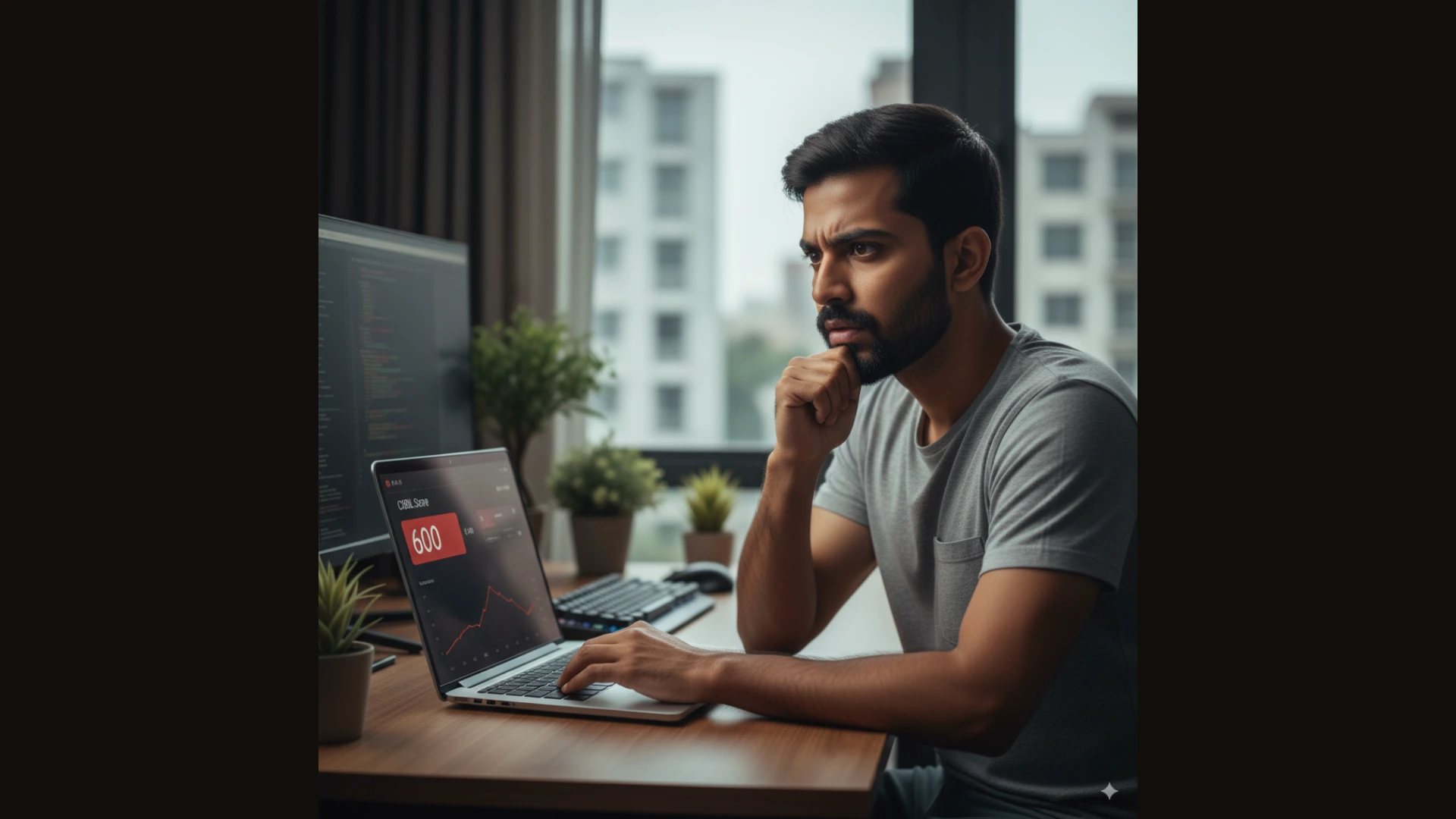 A young Indian professional looking at his low CIBIL score, marking the start of his journey of how to increase your CIBIL score from 600 to 750.