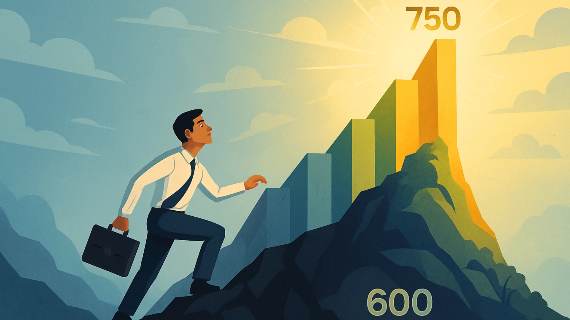 An illustration showing the journey of how to increase your CIBIL score from 600 to 750, depicted as a determined man climbing a mountain-like graph.