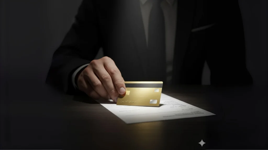 A hand playing a golden Uno Reverse Card on a credit card bill, symbolizing the 'pay credit card bill before statement date' hack to improve a CIBIL score.