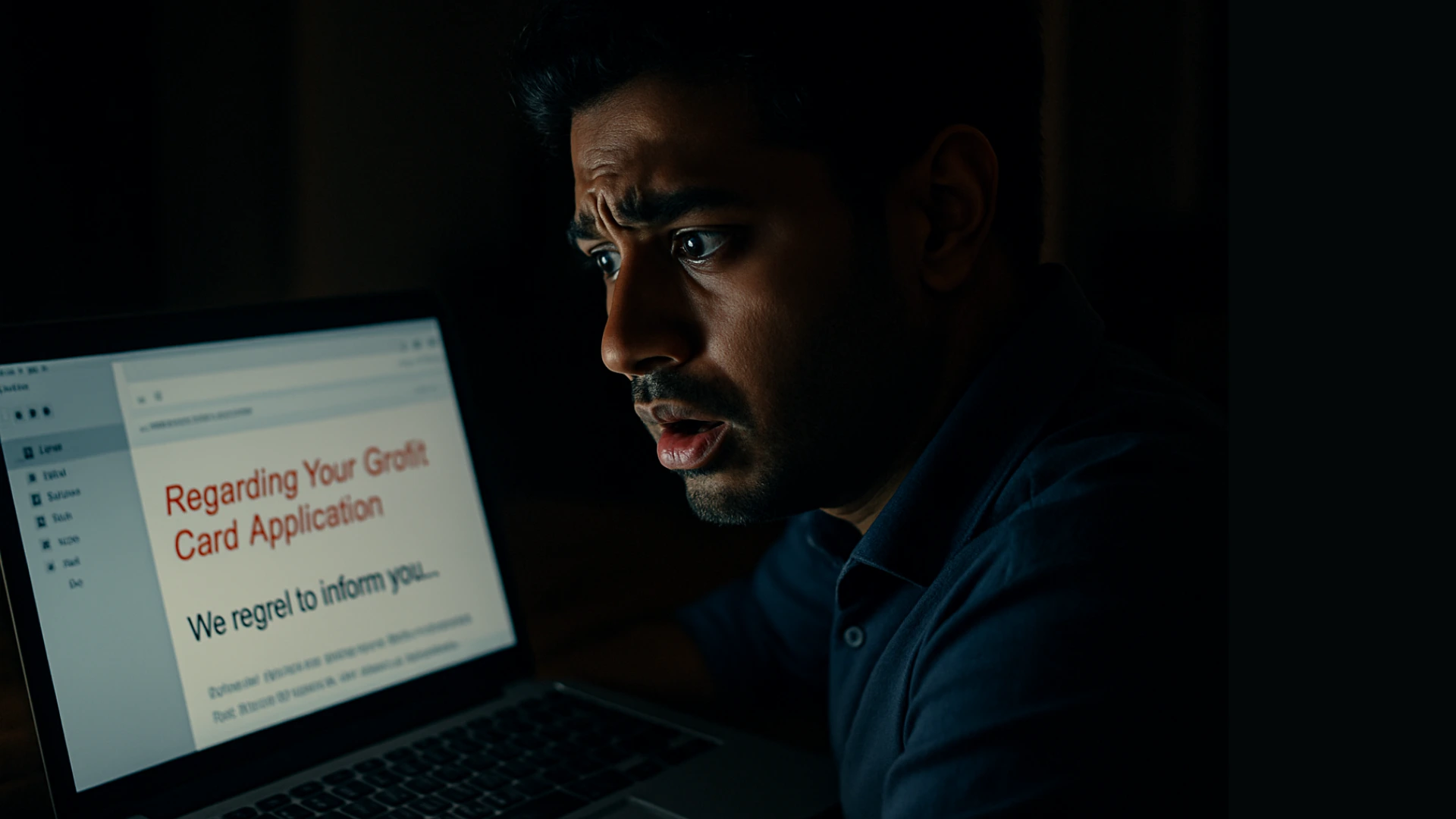 A person looking shocked while reading a credit card rejection email, a common reason to search for **what to do after a credit card application is rejected**.