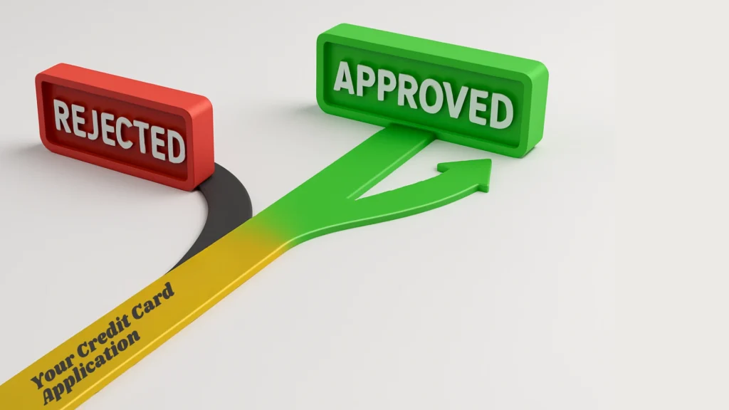 An infographic showing a path splitting into an "Approved" route and a "Rejected" route, illustrating **what to do after a credit card application is rejected**.