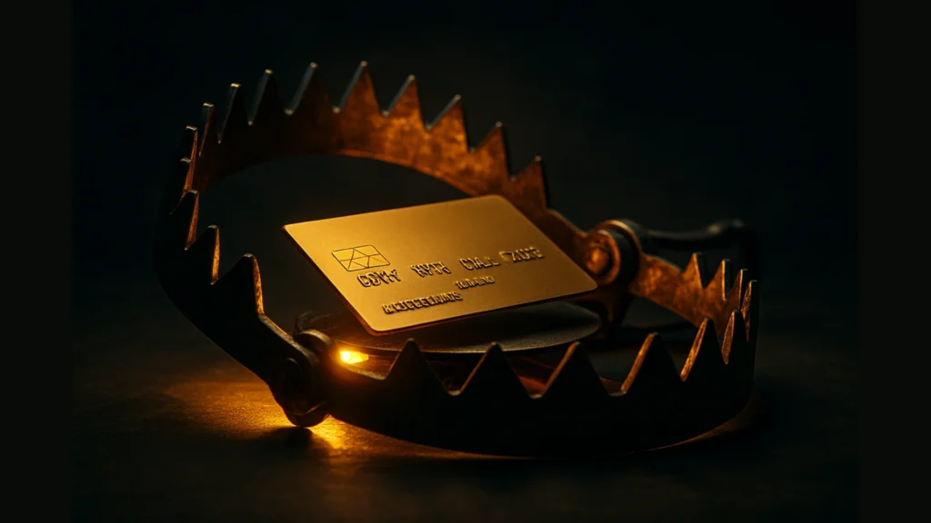 A credit card placed as bait in a metal bear trap, symbolizing a **Credit Card Hidden Charges in India**.