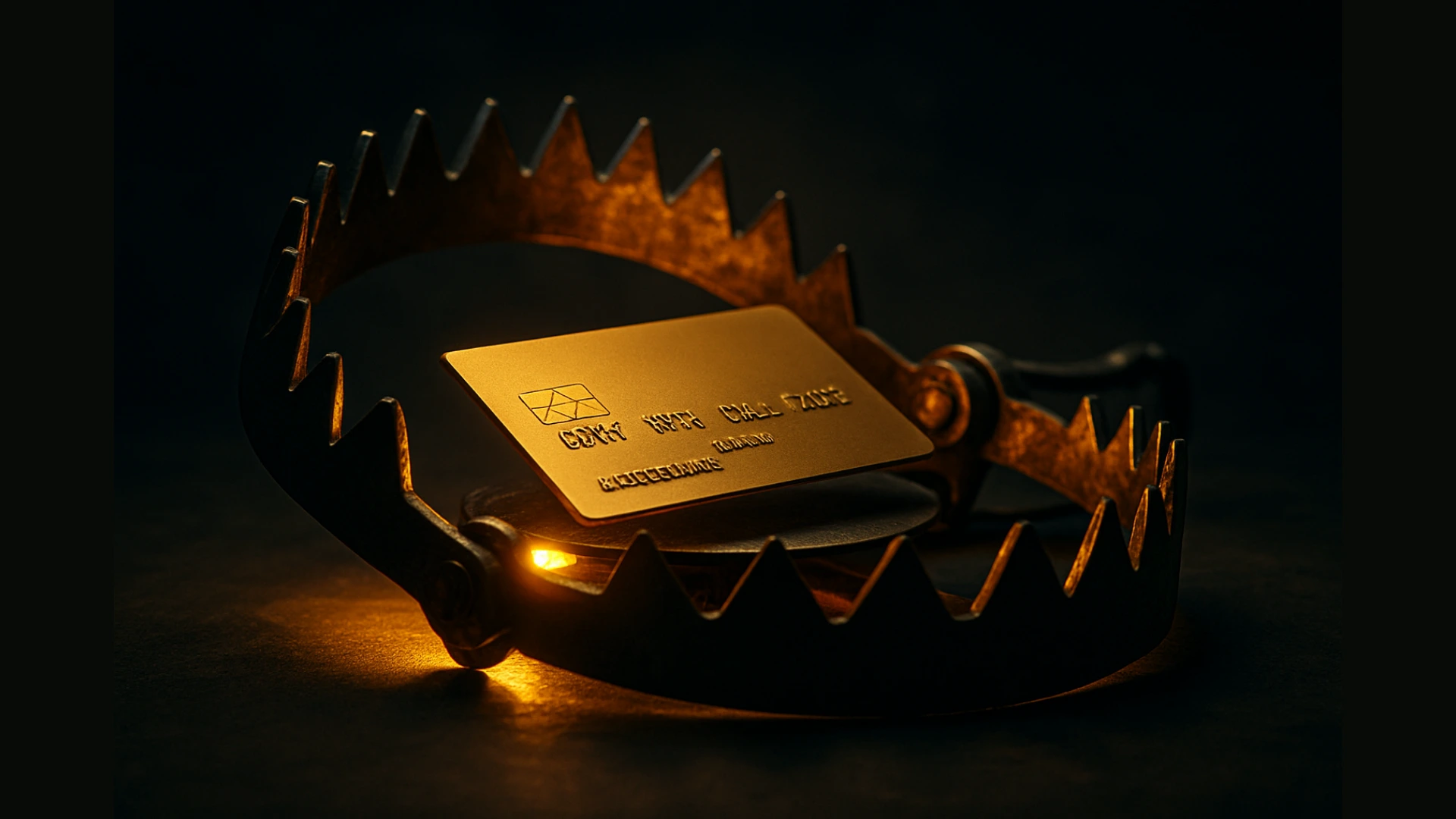 A credit card placed as bait in a metal bear trap, symbolizing a **credit card hidden charge in India**.