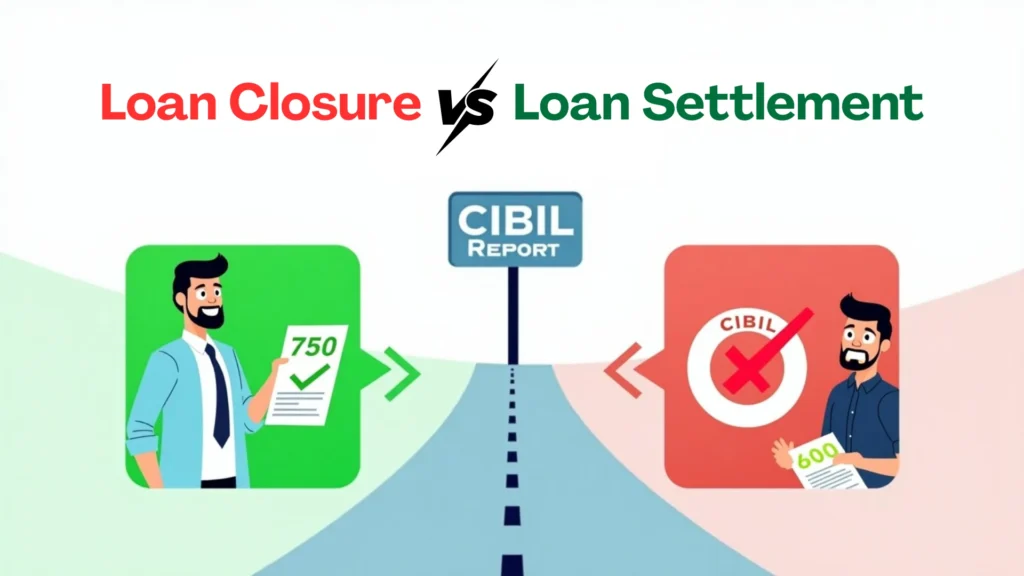Infographic showing loan settlement vs loan closure credit report with two diverging paths and CIBIL score impact.
