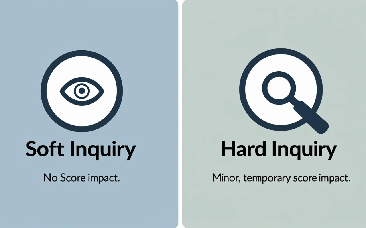 An infographic comparing a soft inquiry (no CIBIL score impact) versus a hard inquiry (minor, temporary CIBIL score impact)