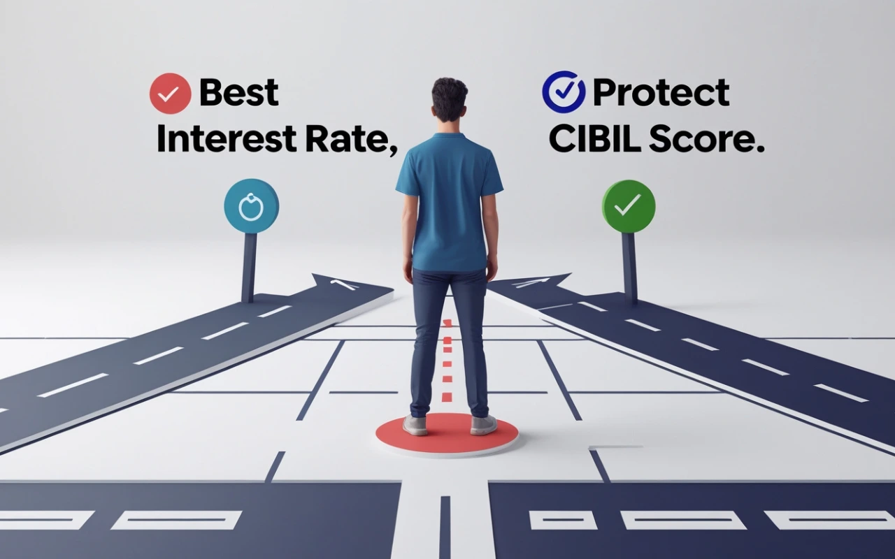 A graphic illustrating the home buyer's dilemma between finding the best interest rate and protecting their CIBIL score from multiple inquiries.