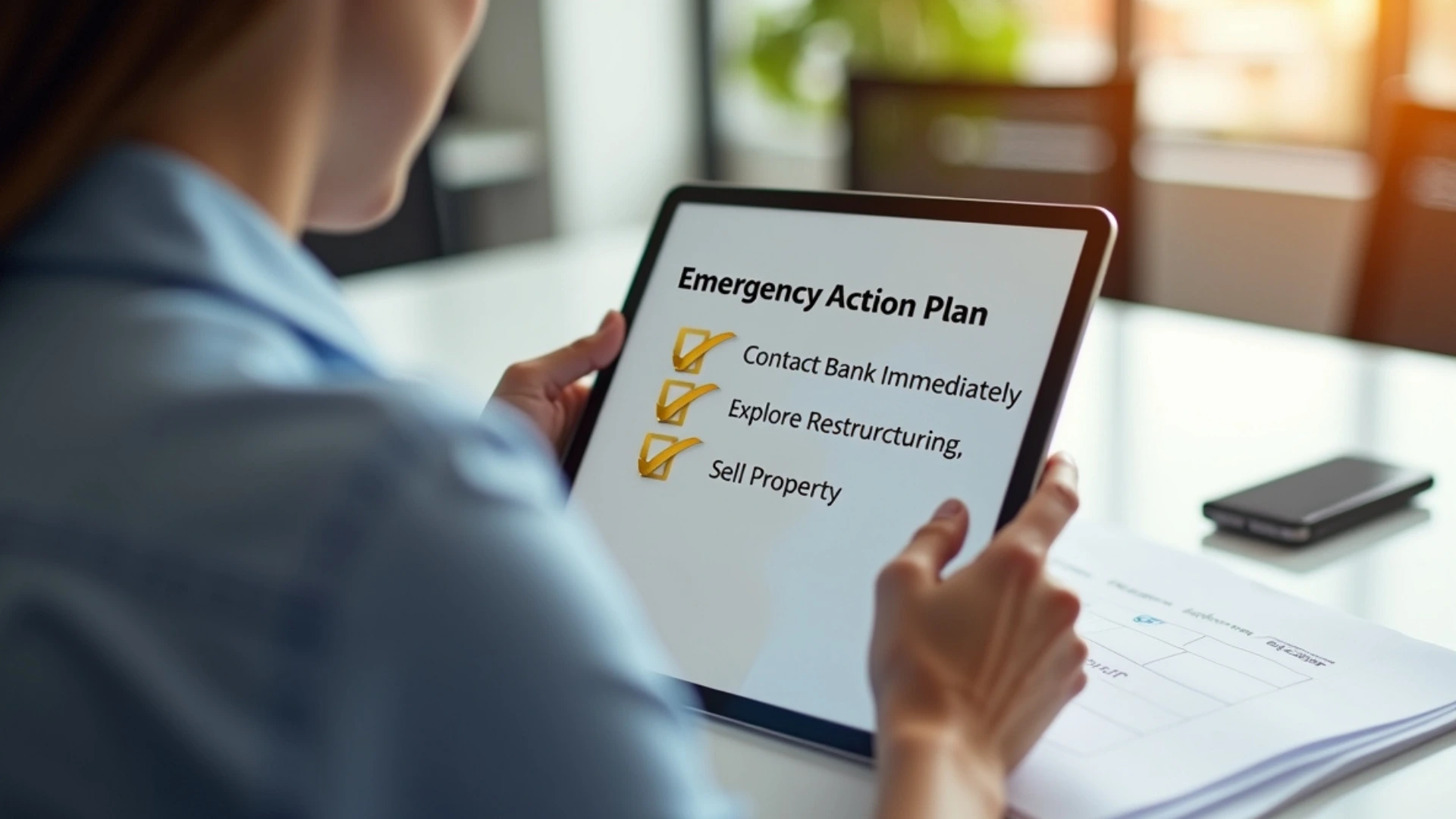A person reviewing a clear Emergency Action Plan on a tablet, a crucial step after having a **home loan rejected after the sanction letter**.