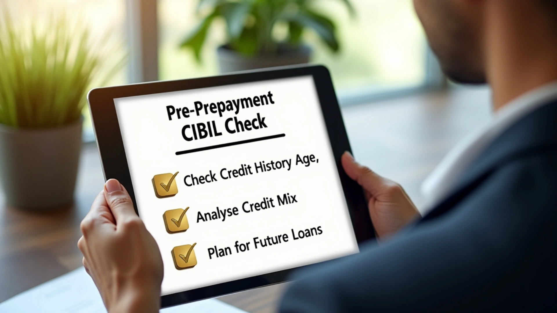 A person reviewing a pre-prepayment checklist on a tablet, a key step in managing how **does prepaying a home loan affect cibil score**.