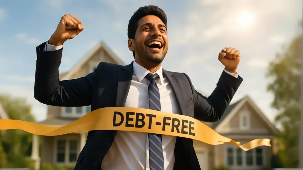 A person running through a golden 'DEBT-FREE' finish line, illustrating the positive long-term answer to the question, **does prepaying a home loan affect cibil score**.
