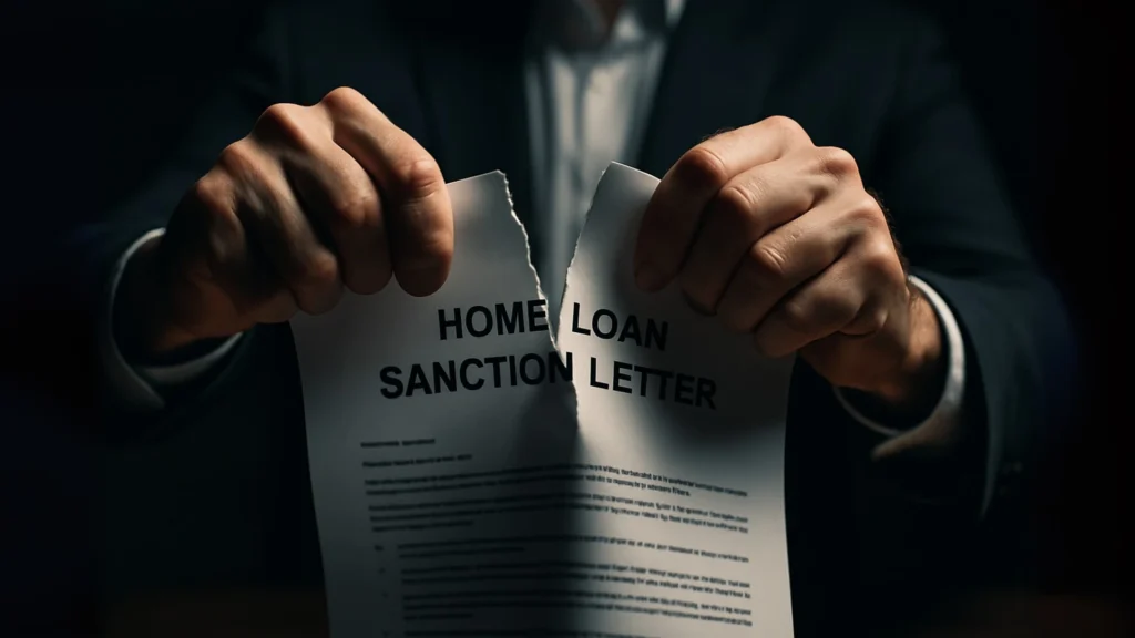 A person's hands tearing a home loan sanction letter in frustration, symbolizing the experience of having a **home loan rejected after the sanction letter**.