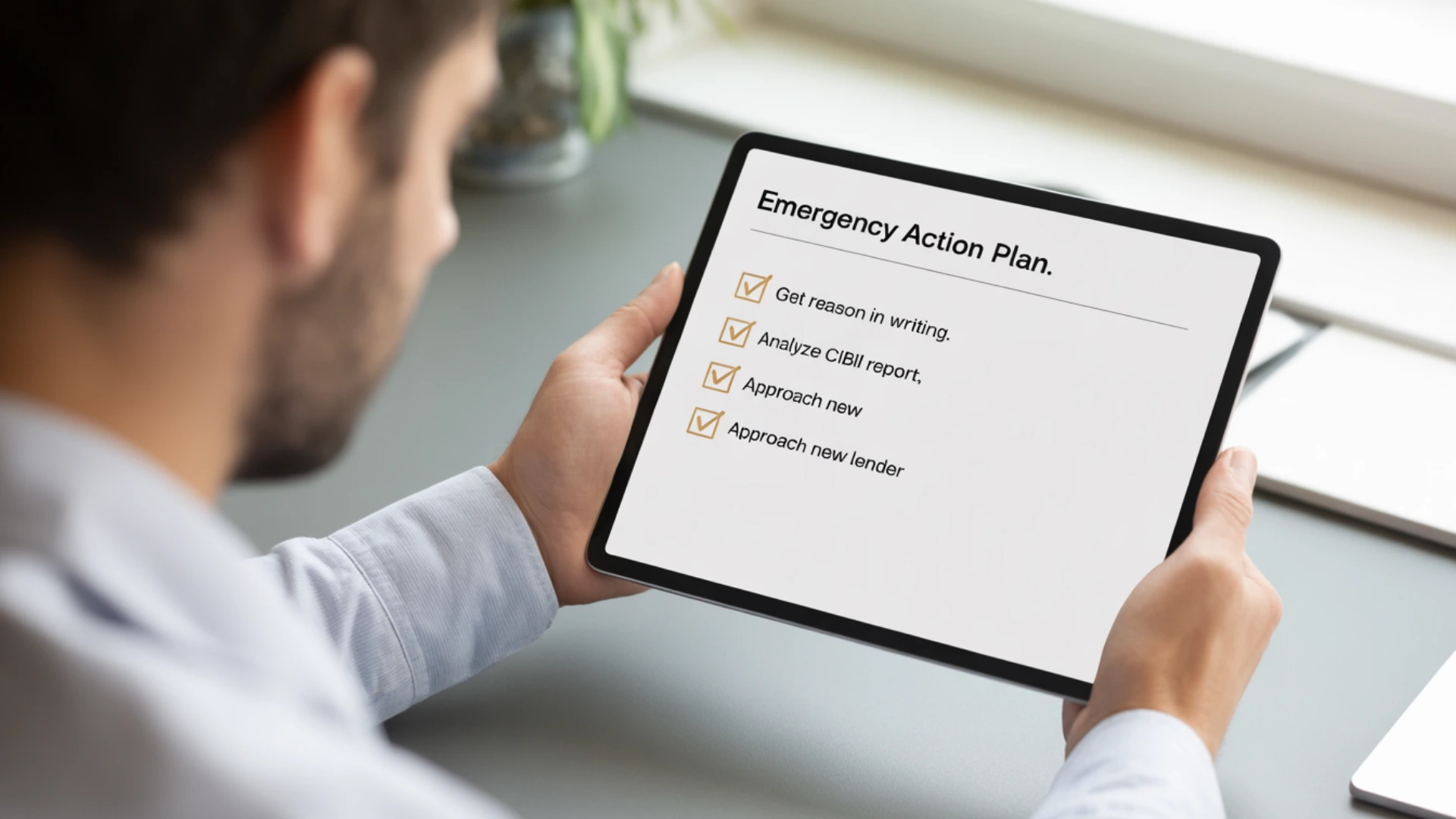 A person reviewing a clear Emergency Action Plan on a tablet, a crucial step after having a **home loan rejected after the sanction letter**.