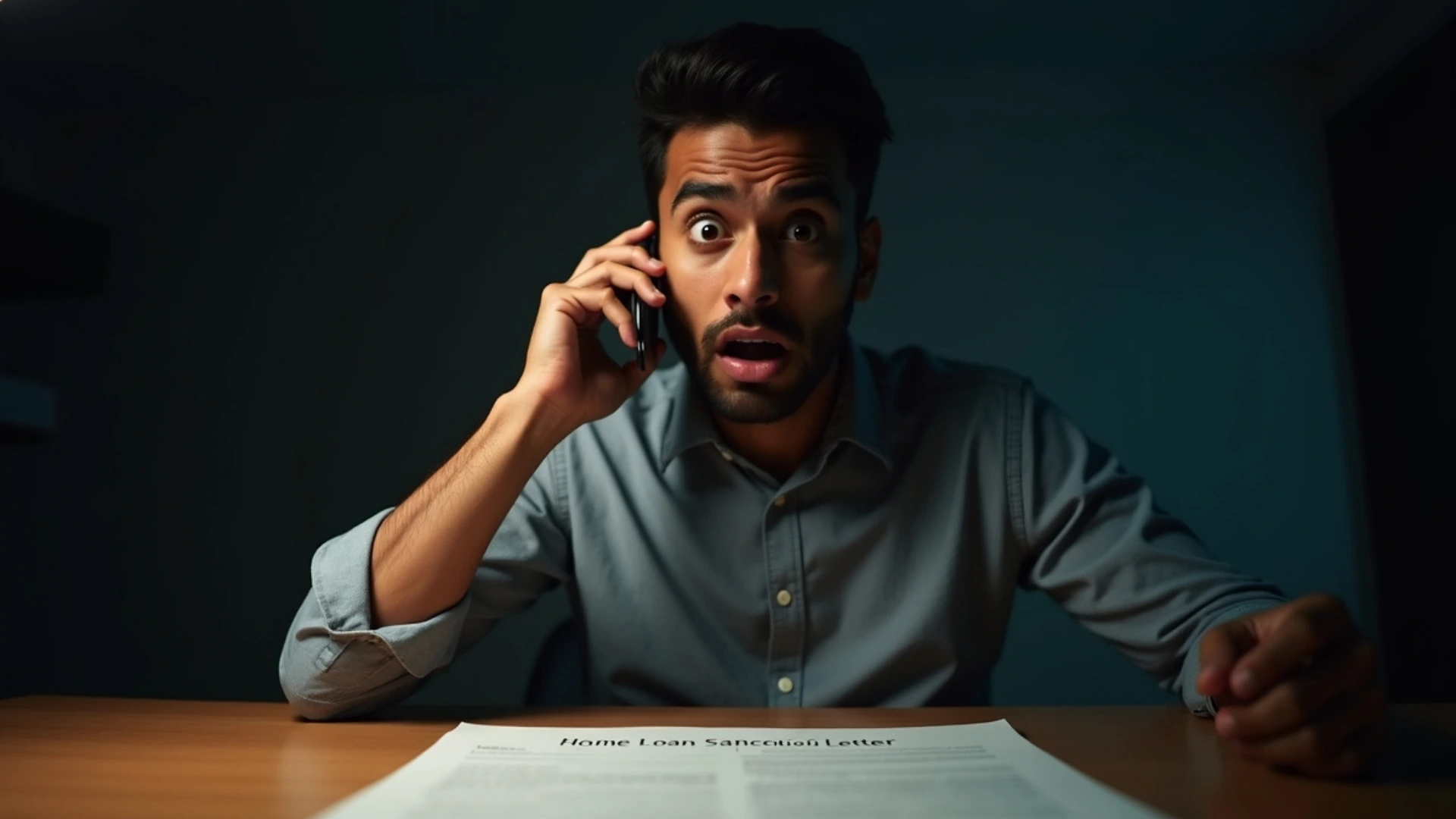 A young man's shocked expression after learning on the phone that his **home loan was rejected after his sanction letter**.