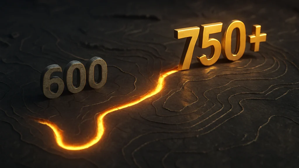 A 3D map showing a glowing golden path from a cracked CIBIL score of 600 to a solid gold 750, illustrating the journey of how to improve your CIBIL score.