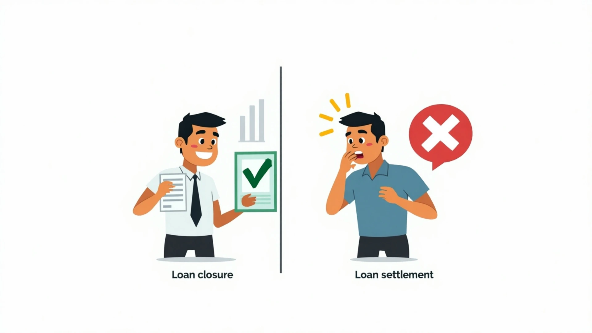 Infographic showing loan closure with green tick vs loan settlement with red cross to explain loan settlement vs loan closure credit report.