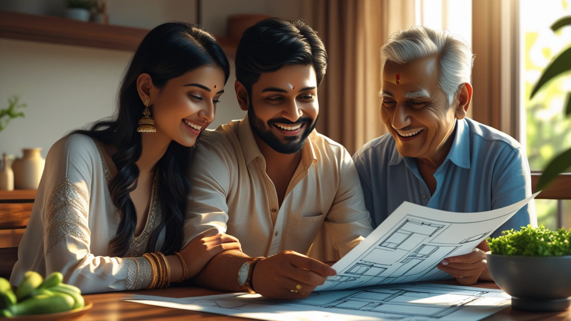 A multi-generational Indian family happily planning their joint home loan application, considering the CIBIL score impact