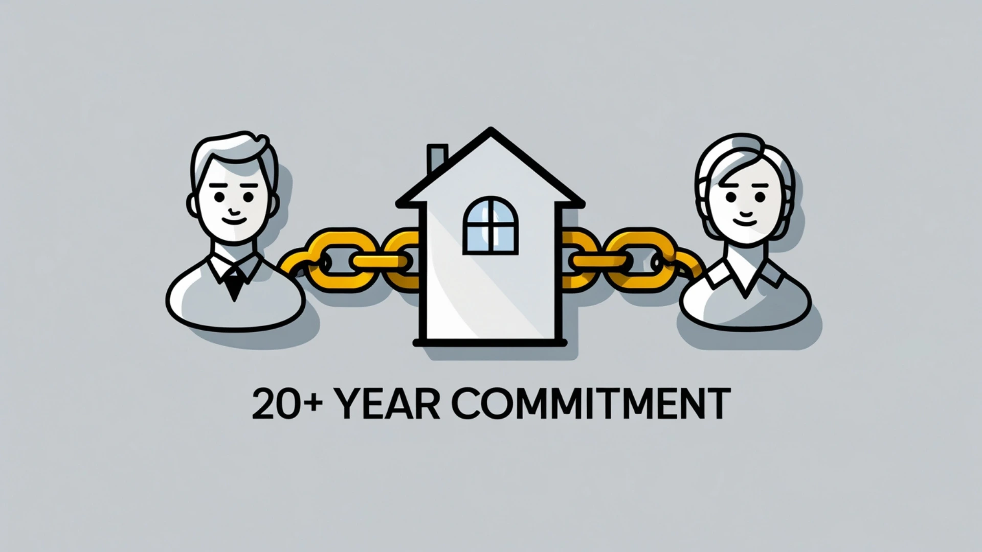 An infographic showing two people linked by a strong chain to a house, symbolizing the long-term commitment and shared CIBIL score impact of a joint home loan.