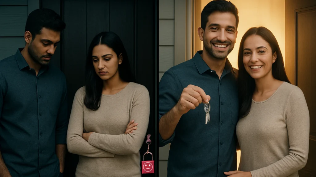 A before-and-after image showing a couple's journey from rejection to success in getting a home loan with a low cibil score.