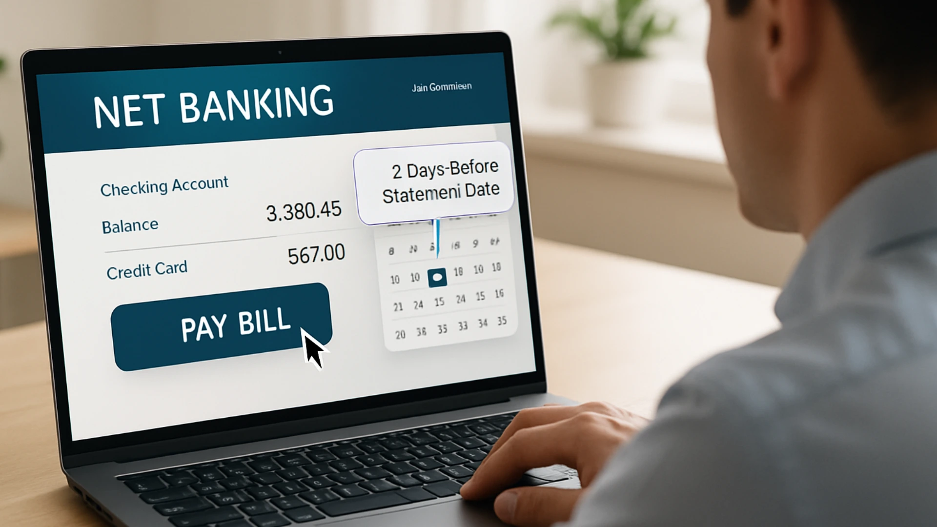 An over-the-shoulder view of a person using a laptop to **pay their credit card bill before the statement date** to improve their CIBIL score.
