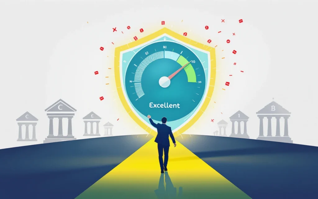 An infographic of a person holding a CIBIL score shield while safely navigating a path past bank logos, illustrating how to compare home loans without hurting your credit and avoiding Multiple CIBIL Inquiries.