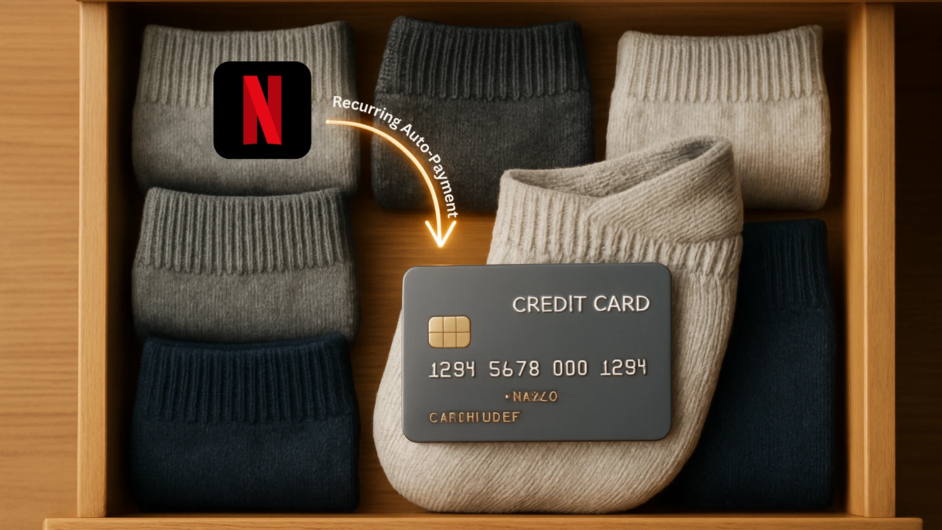 A credit card safely tucked into a sock drawer, with a small icon showing a recurring payment, illustrating the 'Sock Drawer Strategy' for keeping old accounts active.