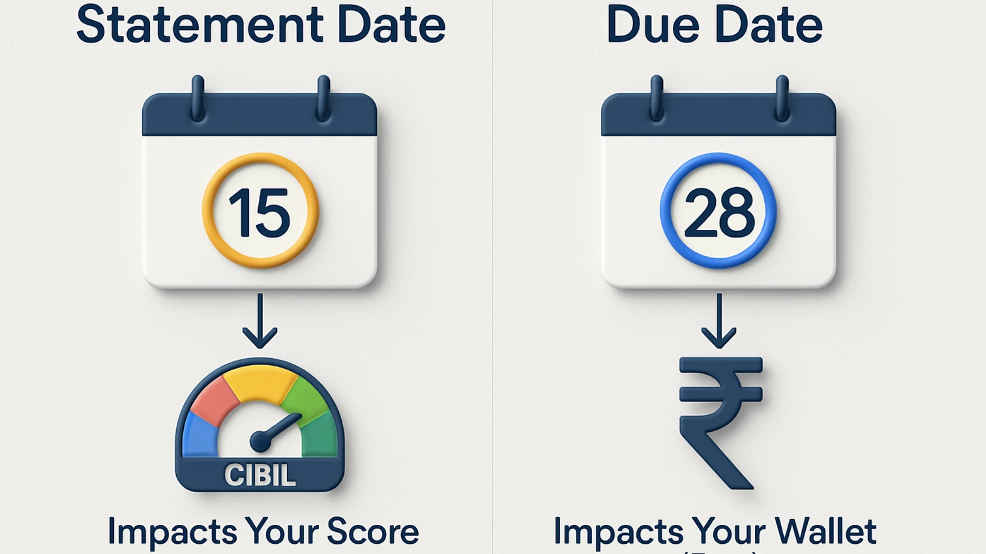 An infographic comparing the Statement Date vs. the Due Date, explaining why you should **pay your credit card bill before the statement date** for a better CIBIL score.