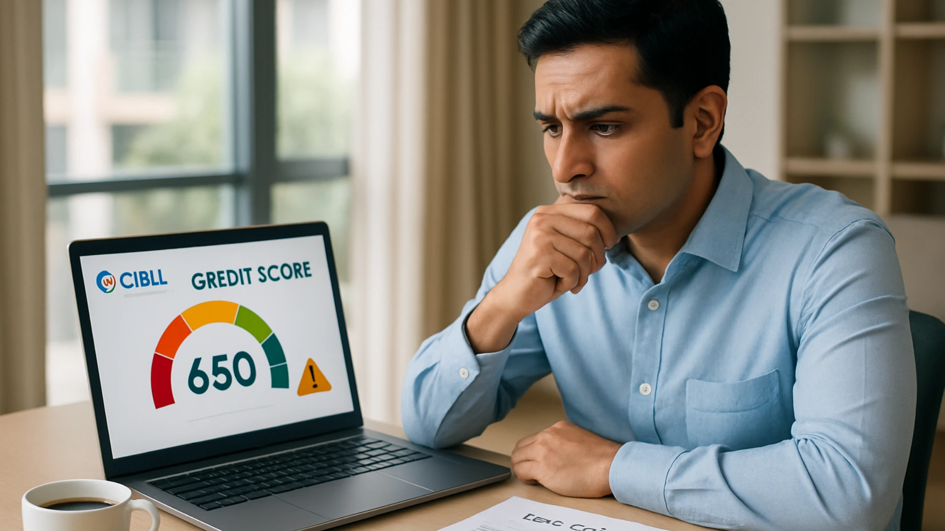 Worried Indian man checking CIBIL score on laptop with loan settlement vs loan closure credit report documents.
