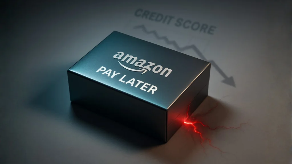 A visually appealing Amazon-branded box with 'Pay Later' text, showing a crack emanating ominous red light, symbolizing the hidden dangers, charges, and CIBIL impact of the service.
