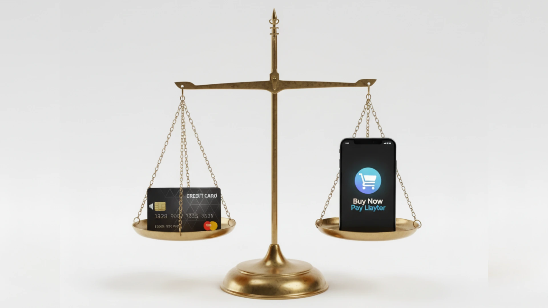 A perfectly balanced brass scale weighing a credit card against a smartphone with a BNPL app, symbolizing a fair comparison in the buy now pay later vs credit card emi India decision.