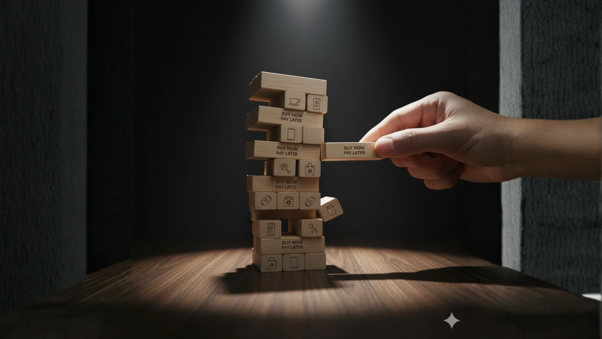 A precarious Jenga tower made of blocks representing small BNPL purchases about to collapse, symbolizing the debt risk in the buy now pay later vs credit card emi India discussion.