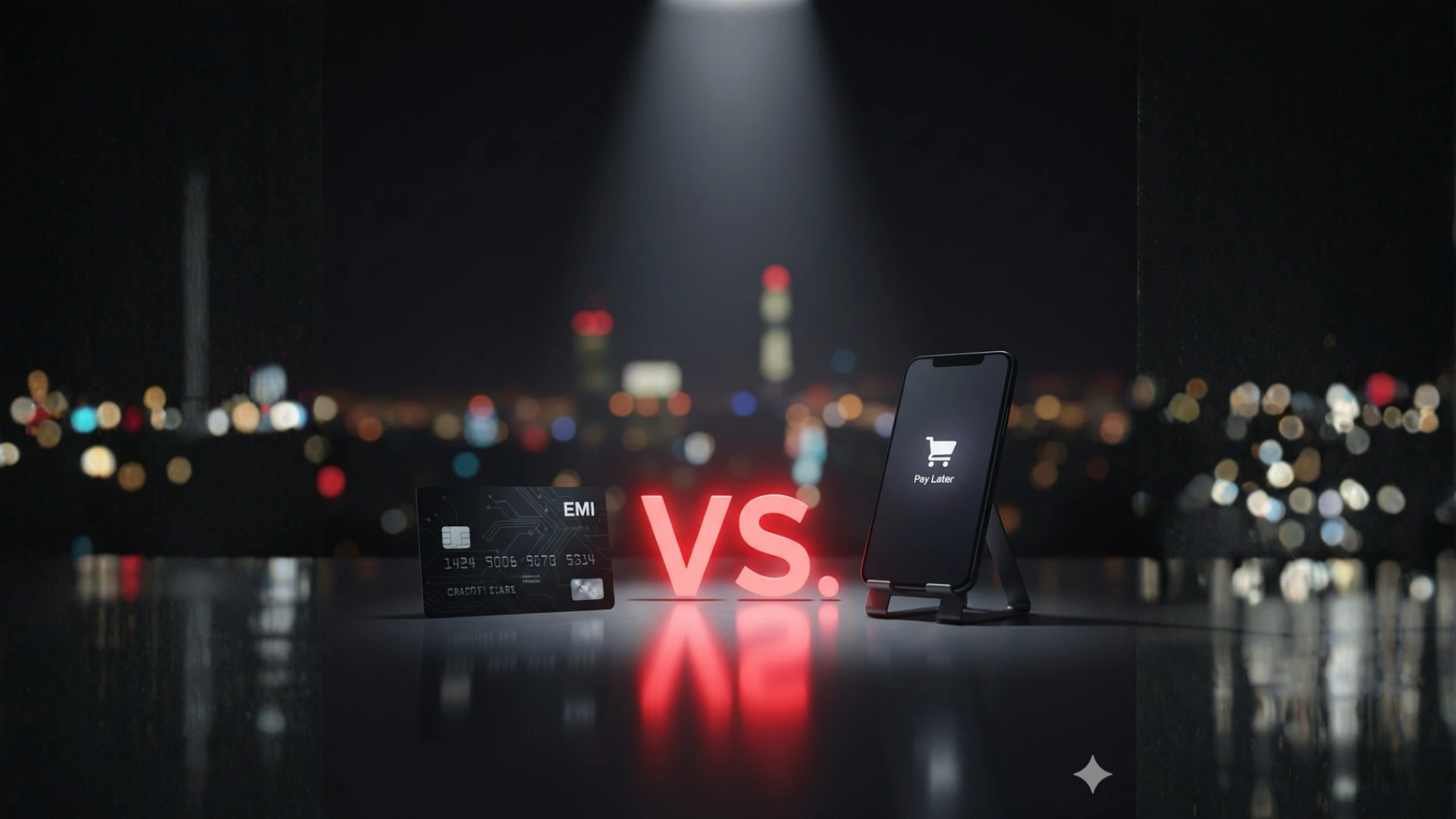 A smartphone with a BNPL app and a credit card placed back-to-back with a glowing 'VS' symbol, representing the buy now pay later vs credit card emi India conflict.
