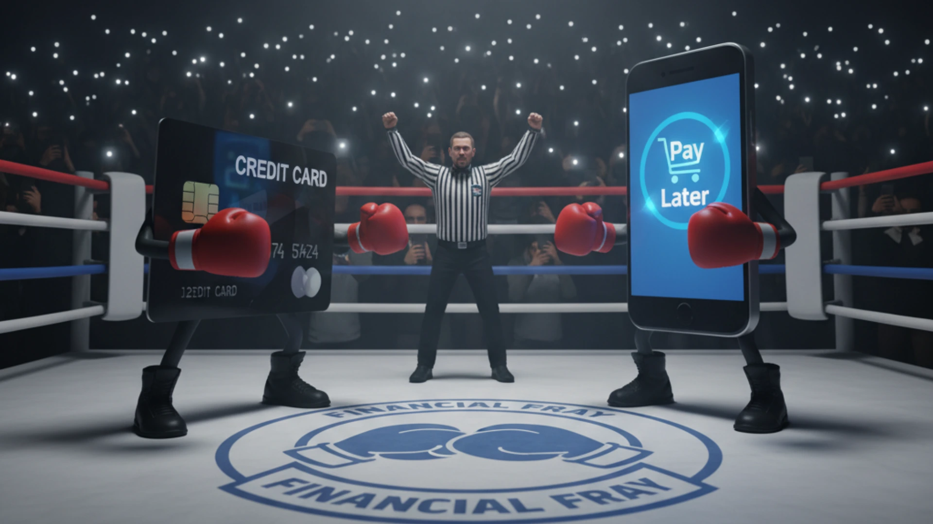 A personified credit card and a smartphone with a BNPL logo facing off in a boxing ring, ready for the buy now pay later vs credit card emi India showdown.