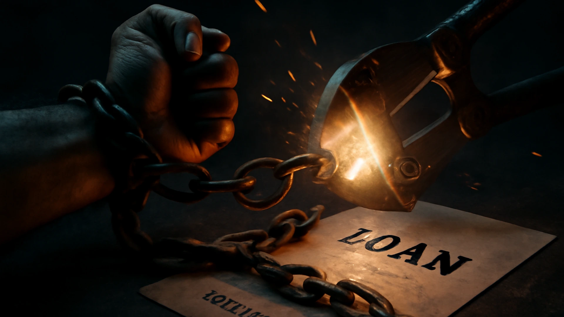 Glowing bolt cutters breaking a rusty chain that links a person's wrist to a loan document, representing a legal defense against the impact of loan default on guarantor cibil score in india.
