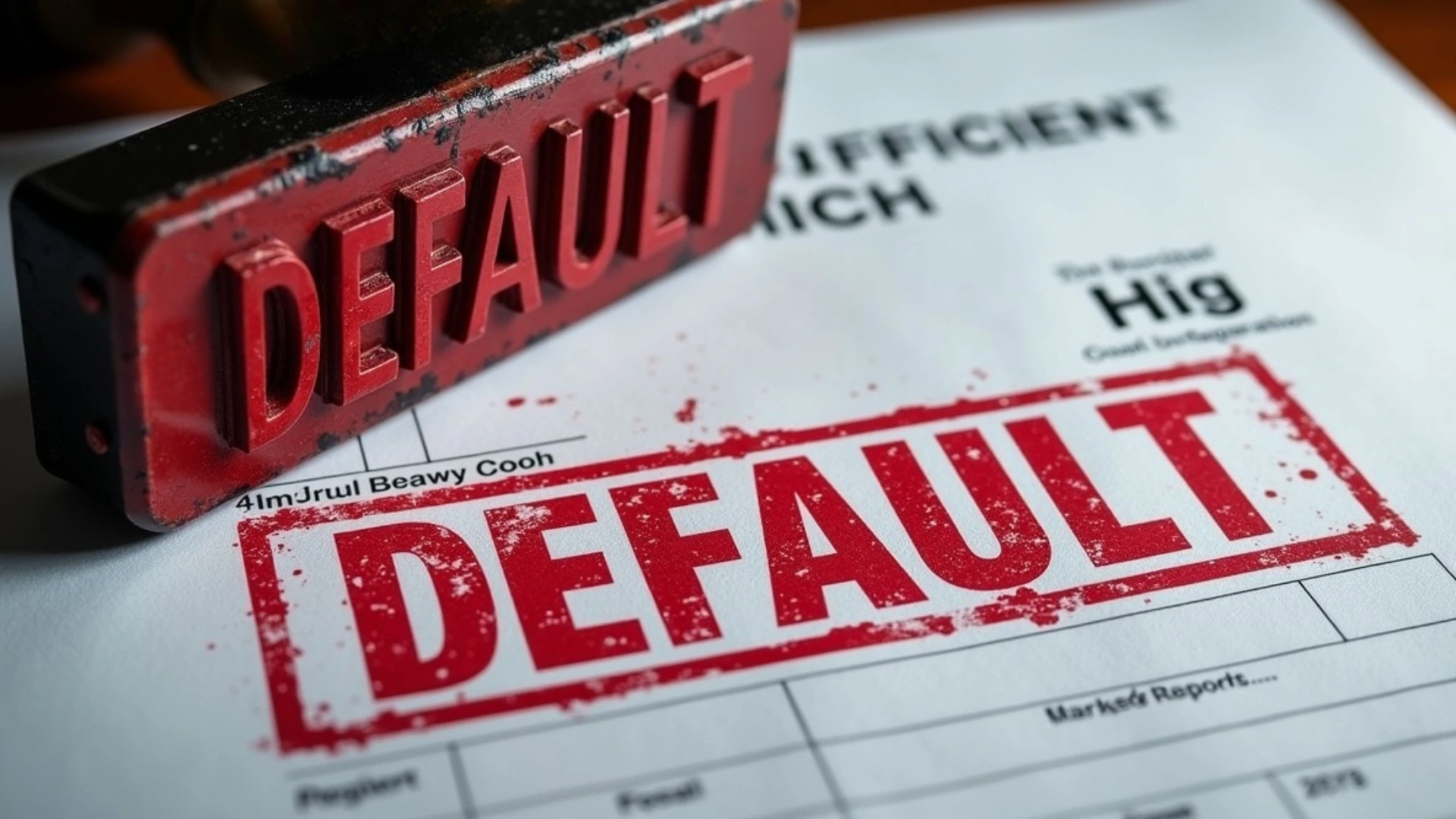 A large red "DEFAULT" stamp being slammed onto a clean CIBIL report, showing the immediate impact of loan default on Loan guarantor cibil score in india.