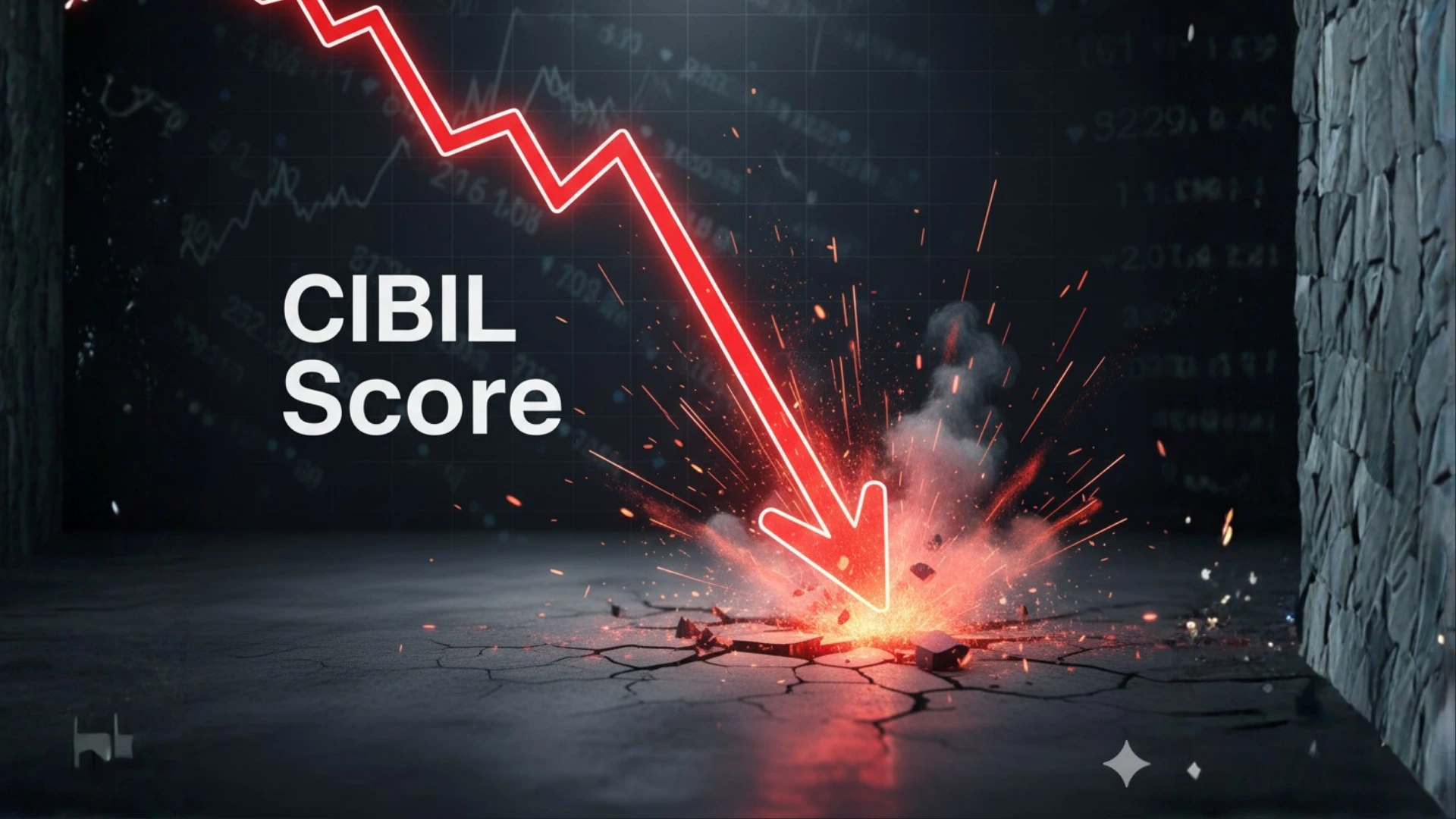 A digital graph of a CIBIL score plummeting downwards in a red arrow, showing the severe consequence of a default in the buy now pay later vs credit card emi India ecosystem.