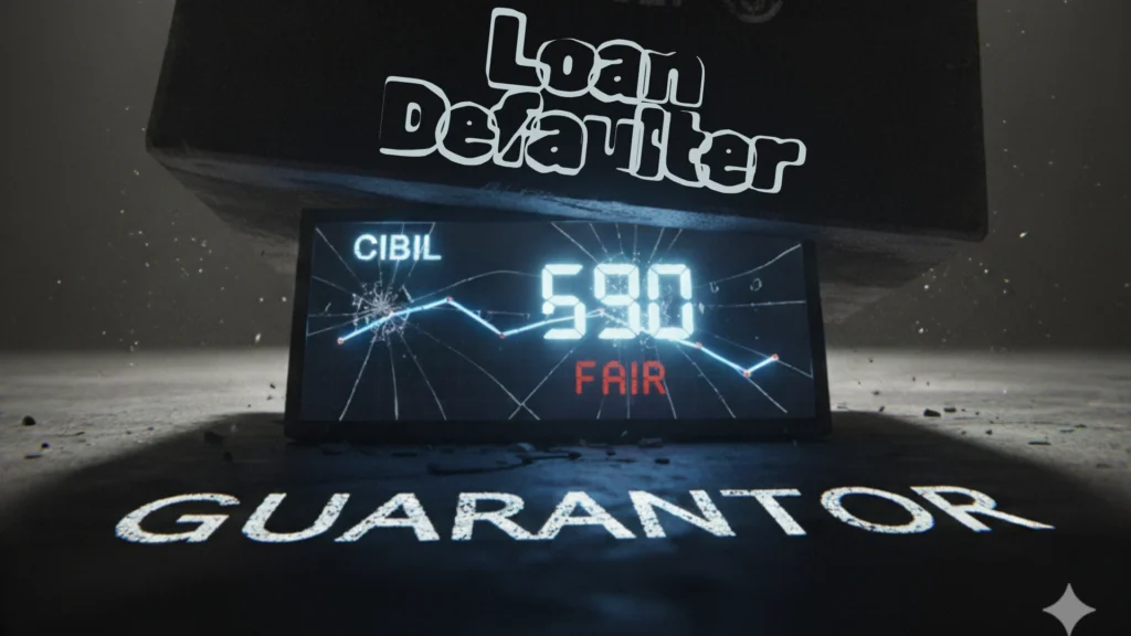 A heavy block symbolizing a default crushing a CIBIL score graph, illustrating the severe impact of loan default on guarantor cibil score in india.