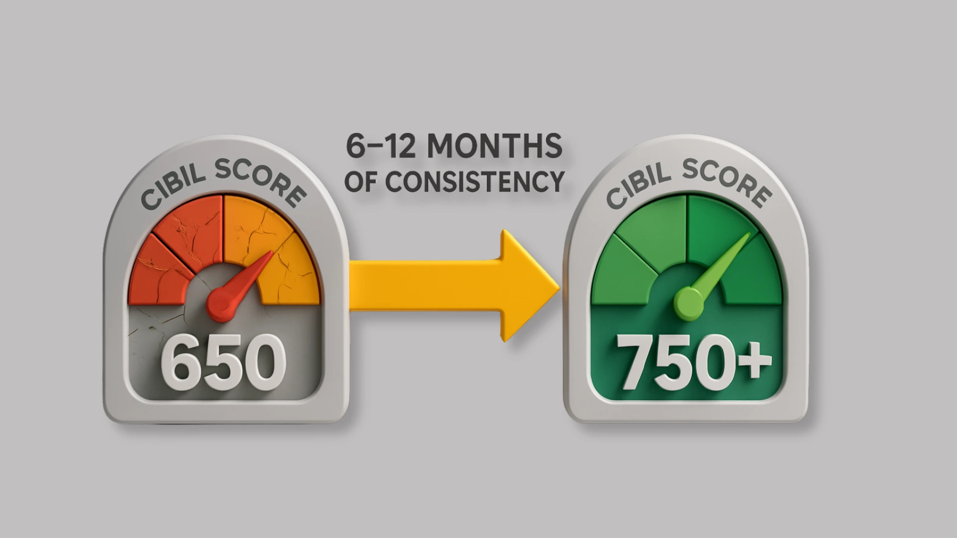 An infographic timeline showing the recovery journey from a low CIBIL score of 650 to an excellent score of 750+ after a **missed first credit card payment**.