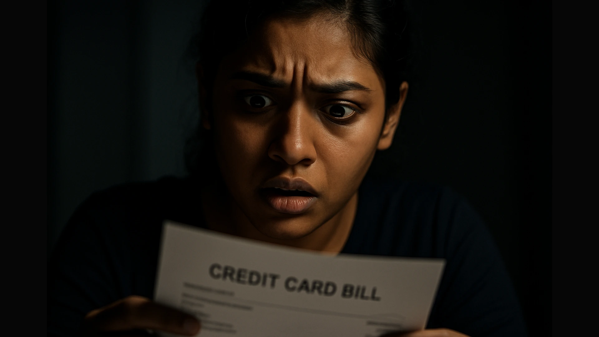 A person looking shocked and confused, illustrating the importance of learning **how to read your credit card statement**.